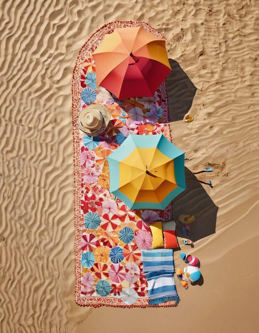 A vibrant beach scene featuring a diverse group of fashionable people in stylish swimwear along the shoreline, with colorful beach umbrellas and towels scattered around. The sun is shining brightly, creating a warm and inviting atmosphere, while sparkling waves crash gently on the shore. Include playful elements like a beach ball and seashells for extra flair. bright colors. super-realistic. summer vibes.