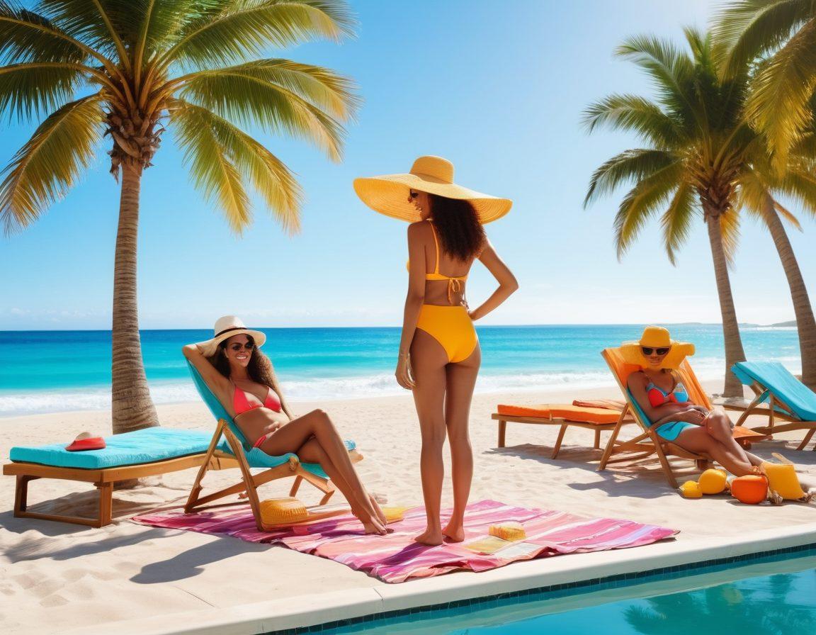 A stylish beach scene featuring a vibrant poolside transitioning to a sunny seaside. Show a diverse group of people in trendy beach fashion essentials like colorful swimsuits, oversized hats, and sunhats, lounging on beach towels and sipping tropical drinks. Include palm trees, beach umbrellas, and waves crashing in the background for a summer vibe. Bright and lively color palette to evoke a fun atmosphere. super-realistic. vibrant colors. sunny background.